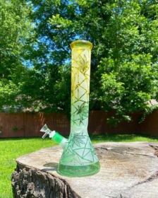 13.78'' Frosted Leaf Glass Bong Smoking Hookah Water Pipe+5 FREE Screens